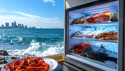 Fresh Seafood Displayed by the Ocean with City Skyline.