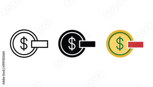 Three dollar symbols in circles with varied backgrounds and bars extending outward in a minimalist design