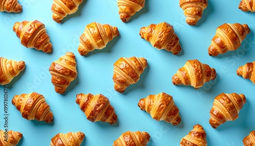 Freshly Baked Golden Croissants Arranged on a Vibrant Blue Background.