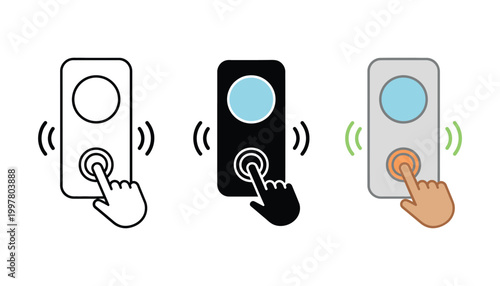 Three smart devices with touch interfaces showing hand interactions in black white and gray with vibrant sound waves