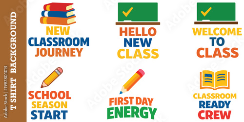 New classroom journey badges featuring hello new class quotes and school season start icons.