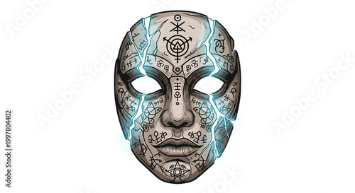 Mysterious Ancient Mask with Glowing Runes and Cracks