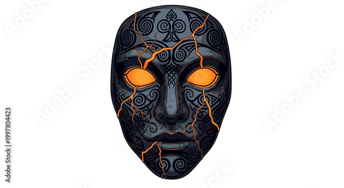 Mysterious Mask with Glowing Orange Eyes and Intricate Patterns