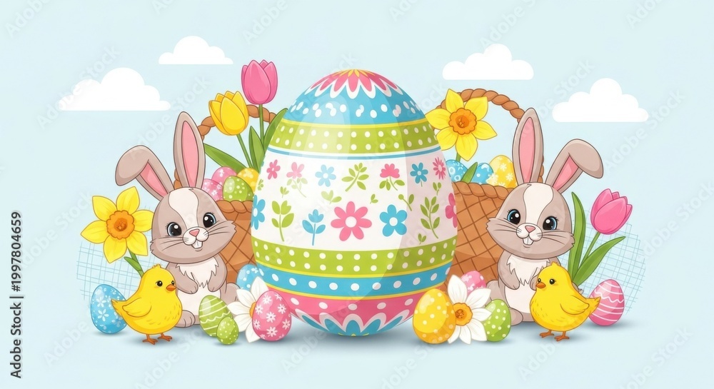 Obraz premium Cute Cartoon Easter Bunnies with Colorful Eggs and Flowers
