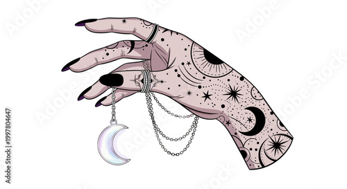 Mystical hand with celestial tattoos holding crescent moon pendant