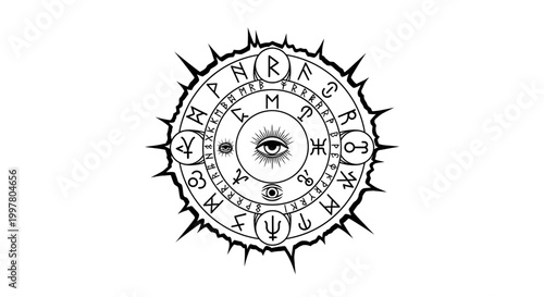 Mystical Occult Symbol with All Seeing Eye and Runes