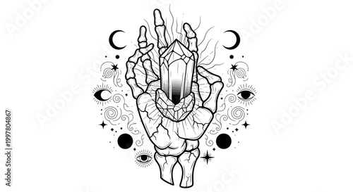 Skeleton Hand Holding Crystal, Celestial and Mystical Elements
