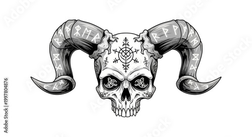 Skull with Ram Horns and Norse Runes