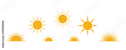 Day cycle and movement path sun icon, sunshine sunrise or sunset, decorative circle full and half sun and sunlight, hot solar energy vector sign, clean geometric design for weather and time concepts