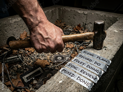 Foley artist smashing audio tape with a sledgehammer, representing the destruction of sound or the end of a recording session