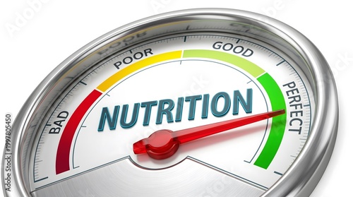 Immersive 3D chrome nutrition speedometer displaying peak health metrics to optimize corporate wellness strategies and dietary assessment