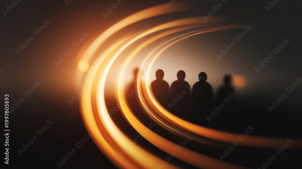 Fototapeta premium Silhouetted Figures with a Dynamic Flow of Light Creating an Intense and Mysterious Atmosphere in a Dark Setting
