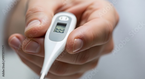 Close-up of a hand holding a thermometer, medical healthcare photography