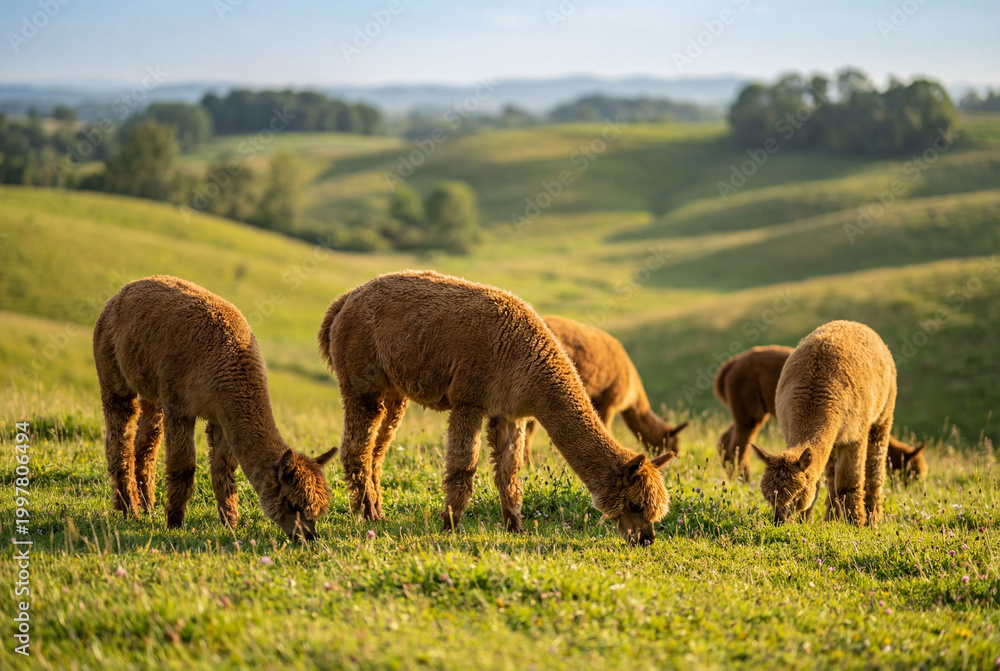 Fototapeta premium Three fluffy brown alpacas grazing on vibrant green grass in a scenic countryside landscape