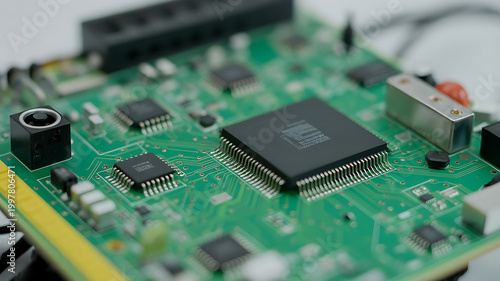 Close-up of green computer circuit board with microchips and component