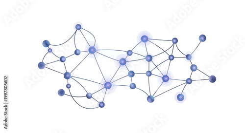 Network connections form complex web of blue nodes and lines on white background