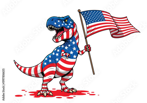 Tyrannosaurus rex dinosaur painted with american flag holding usa flag, t rex