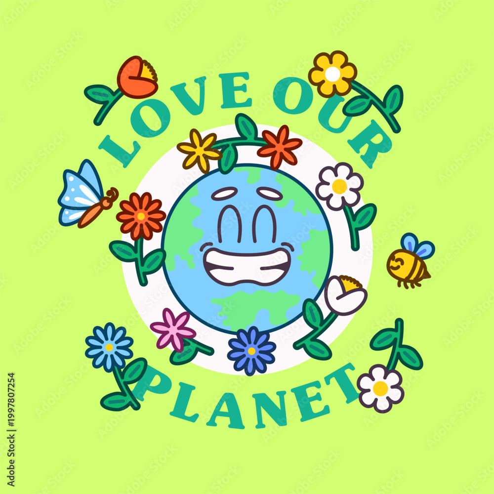 Naklejka premium Smiling earth surrounded by flowers, bees, and butterflies in a playful eco theme. Perfect for environmental awareness, nature, and sustainability designs vector illustration