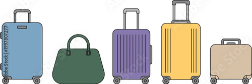 Assorted colorful luggage and travel bags in a row on white background Keywords: luggage, bag, suitcase, travel, baggage