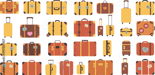 Assortment of vintage and modern travel suitcases in various colors and styles Keywords: suitcase, luggage, travel bag, baggage