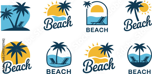 Beach themed logos with palm trees sun ocean and lounge chairs Keywords: beach, palm tree, sun, ocean, sea, waves, lounge chair