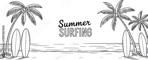 Black and white drawing of palm trees and surfboards on a beach Keywords: beach, summer, surfing, ocean, waves, palm trees