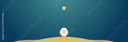 Cute cartoon sheep on a sand hill under a single star. Minimalist vector illustration for Eid al-Adha, Islamic Feast of Sacrifice, and religious storytelling on a dark blue background.