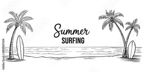 Hand- Drawn Summer Surfing Scene with Palm Trees and Waves Keywords: summer, surfing, beach, ocean, sea, waves, palm trees