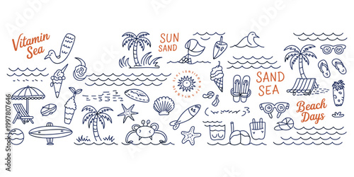 Hand Drawn Beach Elements and Summer Vacation Icons Collection Keywords: beach, summer, sea, sun, sand, vacation, travel