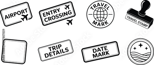 Set of travel and airport rubber stamp icons and symbols in black and white Keywords: airport, entry crossing, travel mark, date