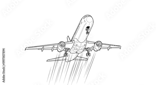 Detailed Line Art Drawing of a Commercial Airplane Taking Off.