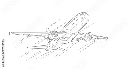 Detailed Line Art Drawing of a Commercial Airplane in Flight.
