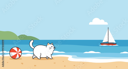 cute cat walking on beach with ball in summer