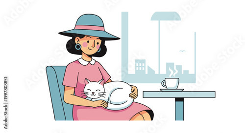 woman relaxing with cat and coffee in cafe