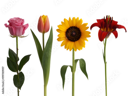 Three colorful pixel art flowers tulip and sunflower in spring style isolated on transparent background, illustration
