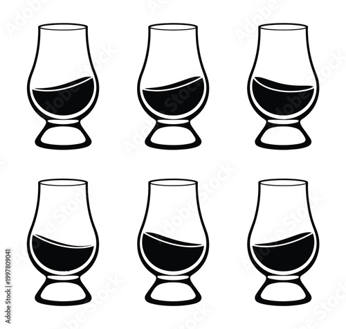 whisky glass icon set, whiskey glass logo vector, whiskey glass, classic tulip shaped tasting glass icons, clean outline style for packaging