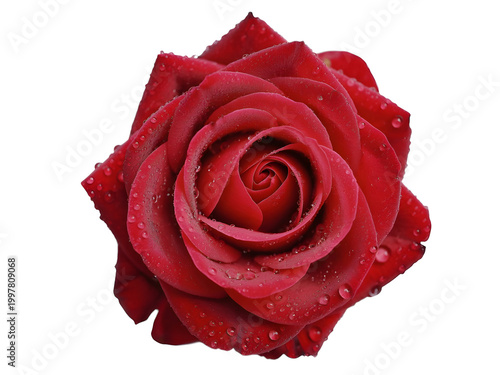 Red rose flower with green stem and leaves in full bloom close up isolated on transparent background, illustration