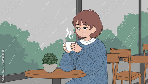 woman enjoying coffee in cafe on rainy day