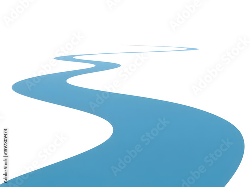 Blue river flowing through empty landscape with smooth curves and bends isolated on transparent background, illustration