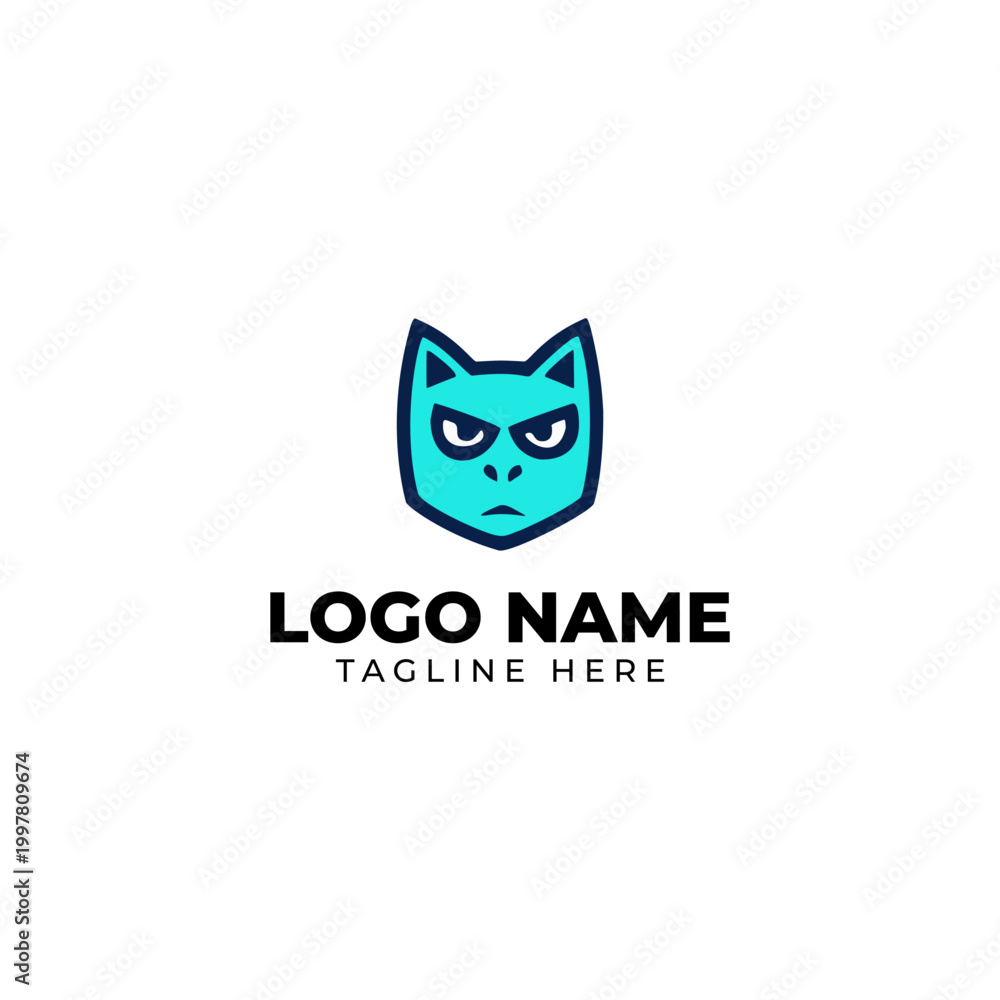 Obraz premium Angry Teal Cat Head Logo Mascot Vector Template
