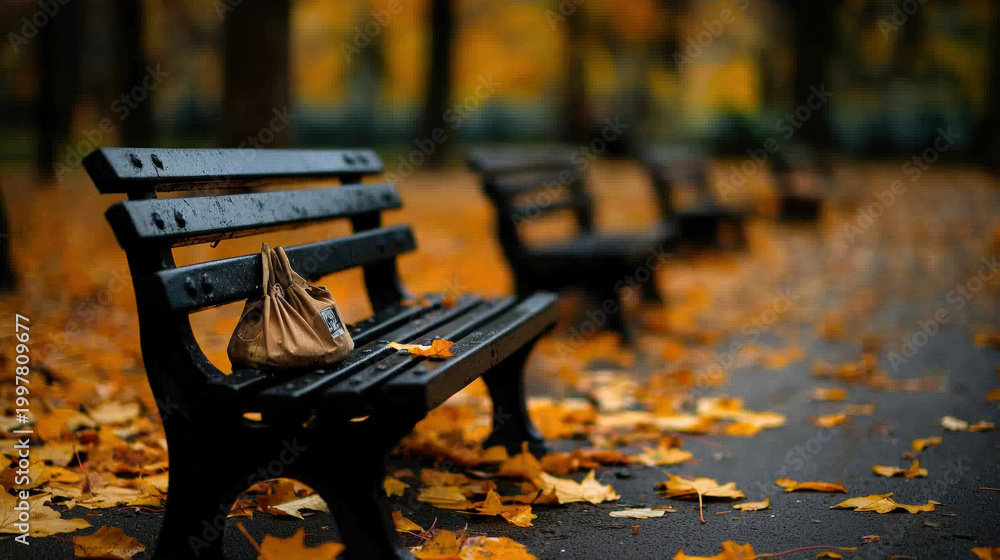 Fototapeta premium Empty park park bench autumn fallen leaf forgotten bag abandoned path outdoor rain quiet solitude along tree lined walkway