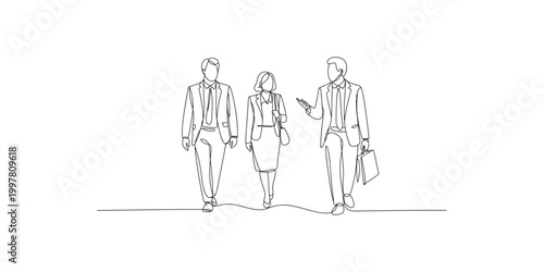 Continuous line drawing of three business professionals walking together in formal attire