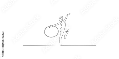 A woman in a leotard is holding a gymnastics hoop and posing in a graceful athletic stance