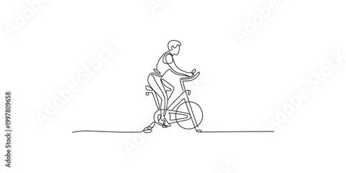 Continuous line drawing of a man riding a bicycle on a white background in a fitness concept