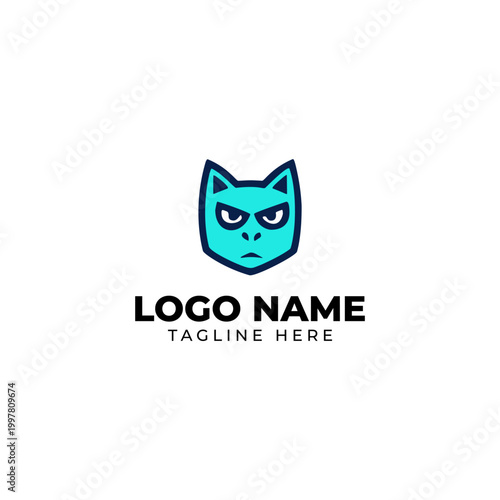 Angry Teal Cat Head Logo Mascot Vector Template