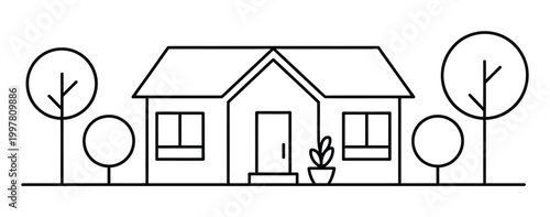 House and garden line art, building real estate architecture apartment, facade home in country exterior, vector illustration, modern minimal contour drawing for residential design