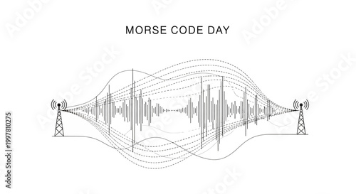 A vector illustration commemorates Morse Code Day with a dot-dash signal visualized as a waveform between two radio towers, presented in a minimalist style against a clean white background