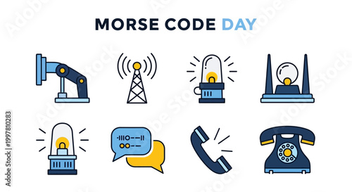 A collection of Morse Code Day illustrations displayed as a vector graphic, showcasing vintage communication technology and a dot dash signal, all set against a clean white background