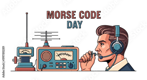 Illustrated design celebrating Morse Code Day featuring a radio operator with vintage communication technology and a dot dash signal, set against a clean white background, conveying a retro