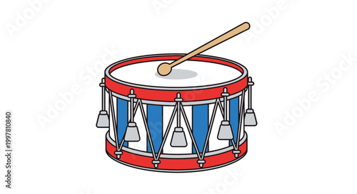 Vintage Toy Drum with Stick, Red, White, and Blue Color Scheme